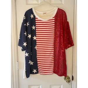 BiBi American Flag Oversized Sequin T-Shirt Patriotic Stars Stripes RedWhiteBlue